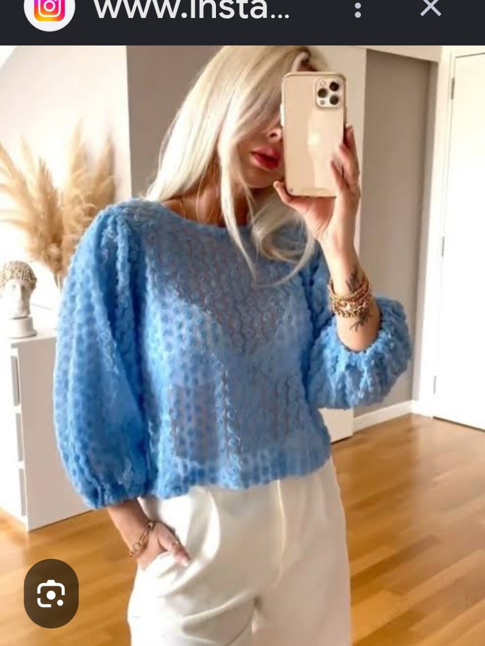 Zara Light Blue Textured Puff-Sleeve Sweater